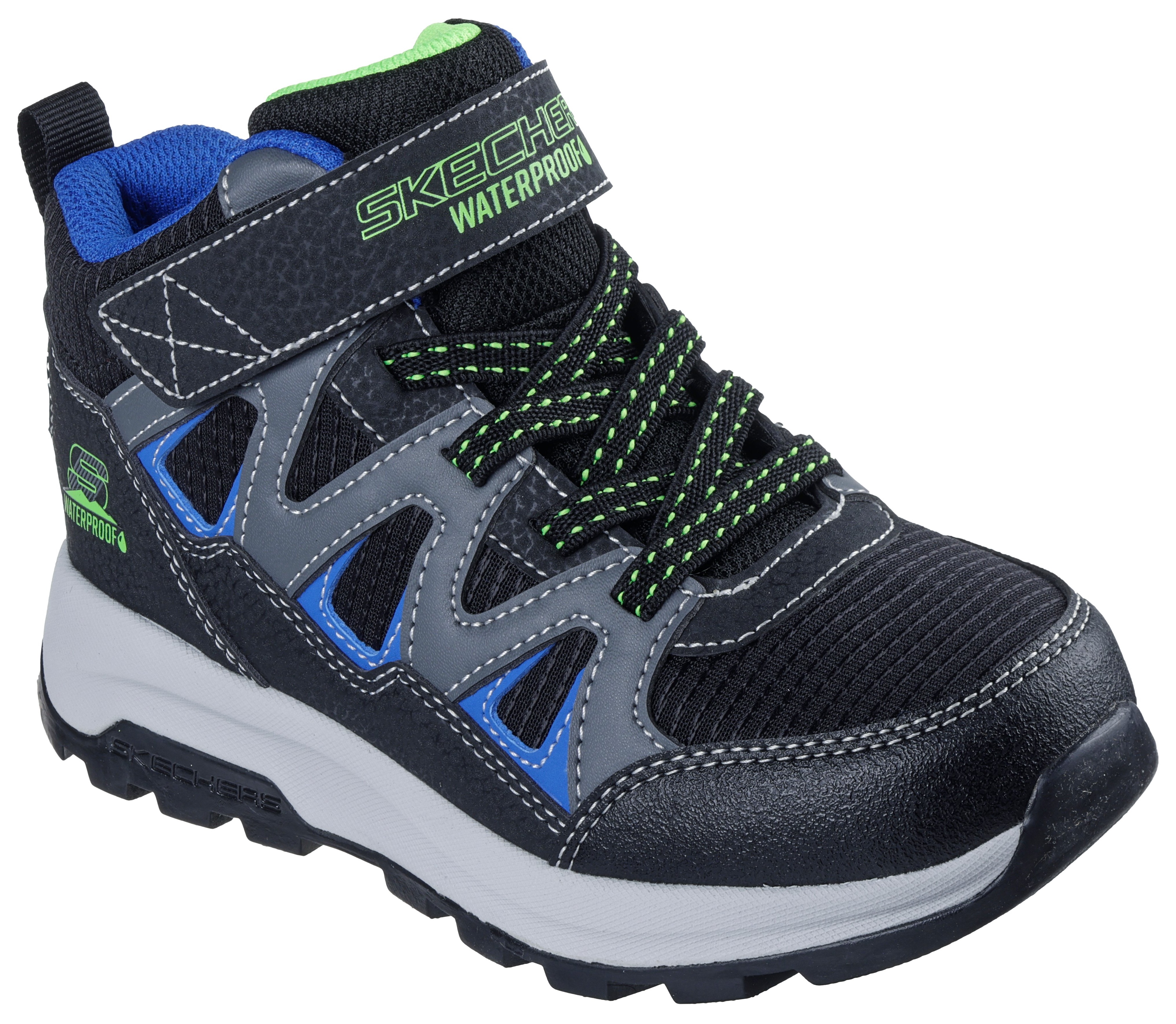 Klettstiefel SKECHERS "STORM BLAZER", Mädchen, Gr. 29, schwarz (schwarz, blau), Lederimitat, Textil, kontrastfarbene Details, Schuhe Klettstiefel, Freizeitschuh mit waterproof, Größenschablone zum Download