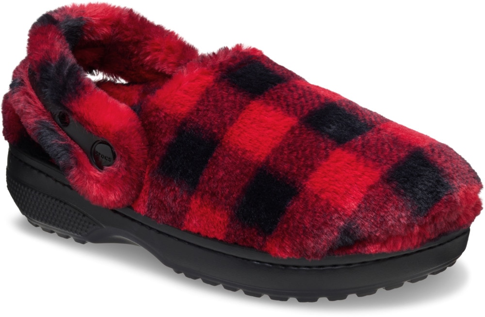 Hausschuh CROCS "Classic Buff Check Cozzy Slipper", Damen, Gr. 36, schwarz, rot, Croslite™, Textil, kariert, Schuhe Hausschuh, Pantoffel, Mule mit kariertem Muster