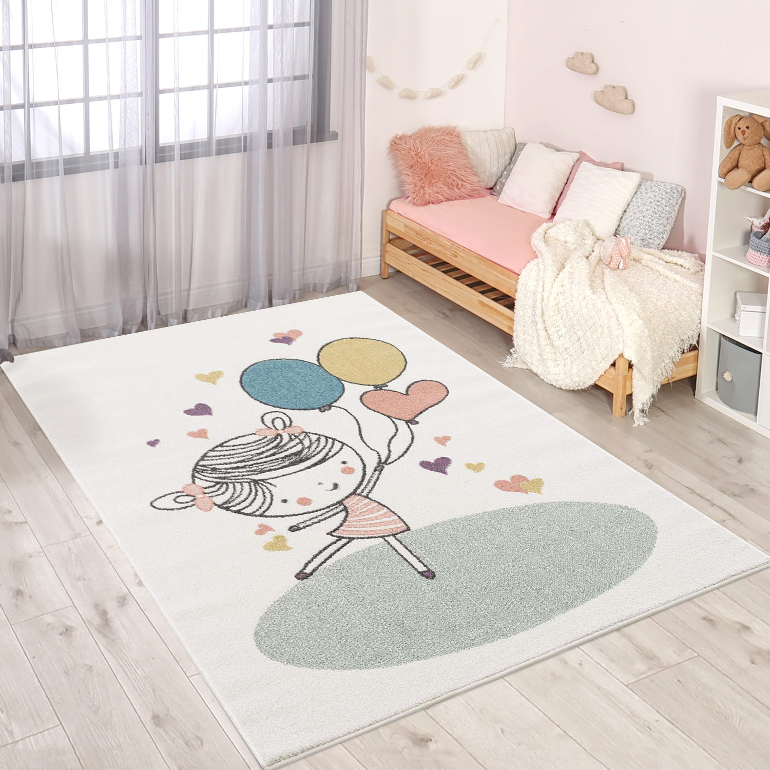 Kinderteppich CARPET CITY "Anime9393", beige (creme), B:80cm H:11mm L:150cm, Polypropylen (PP), Teppiche, Spielteppich, Spielteppich, Mädchen, Herzen, Ballon, Weicher Flor, Pflegeleicht