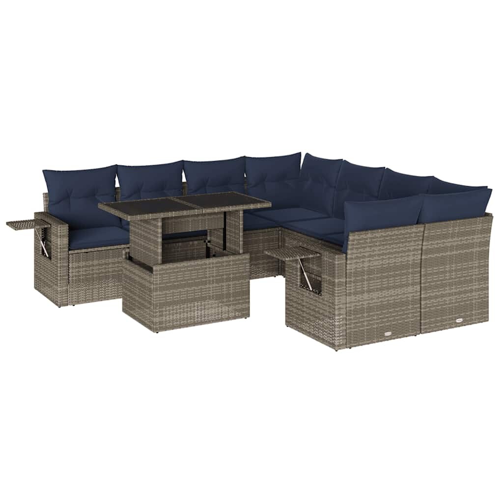 vidaXL 9-teiliges Gartensofa-Set mit Kissen, grau, Polyrattan Image