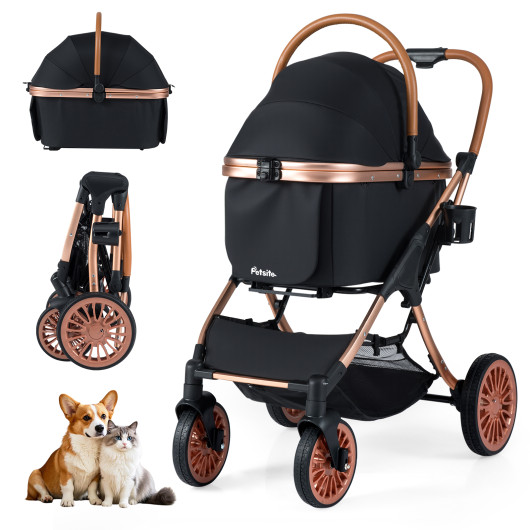 Costway 3-in-1 Foldable Pet Stroller with Sun Shade and Safety Belt for up to 55 lbs Small Medium Dogs Cats-Black