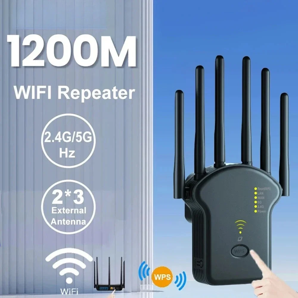 Répéteur WiFi sans fil 1200Mbps, double bande 2.4G 5G, extension WiFi, 6 antennes, amplificateur réseau, routeur WPS