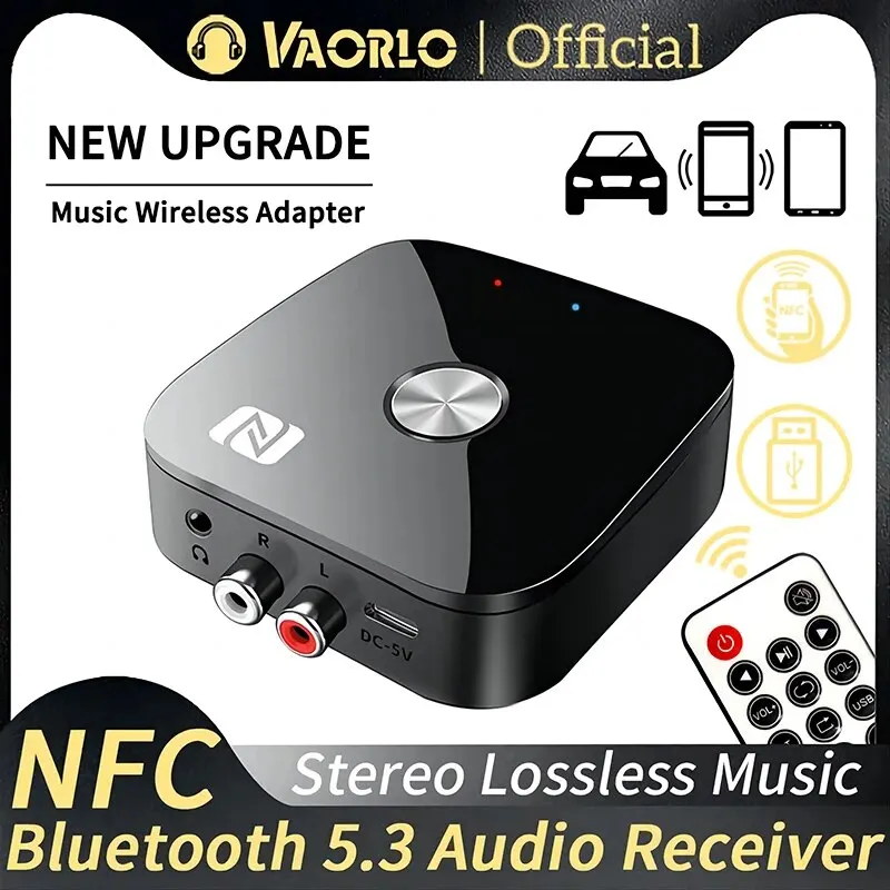 Ricevitore audio NFC Bluetooth 5.3 Adattatore wireless per musica HIFI stereo AUX R/L RCA da 3,5 mm con microfono USB U-Disk Riproduzione telecomando