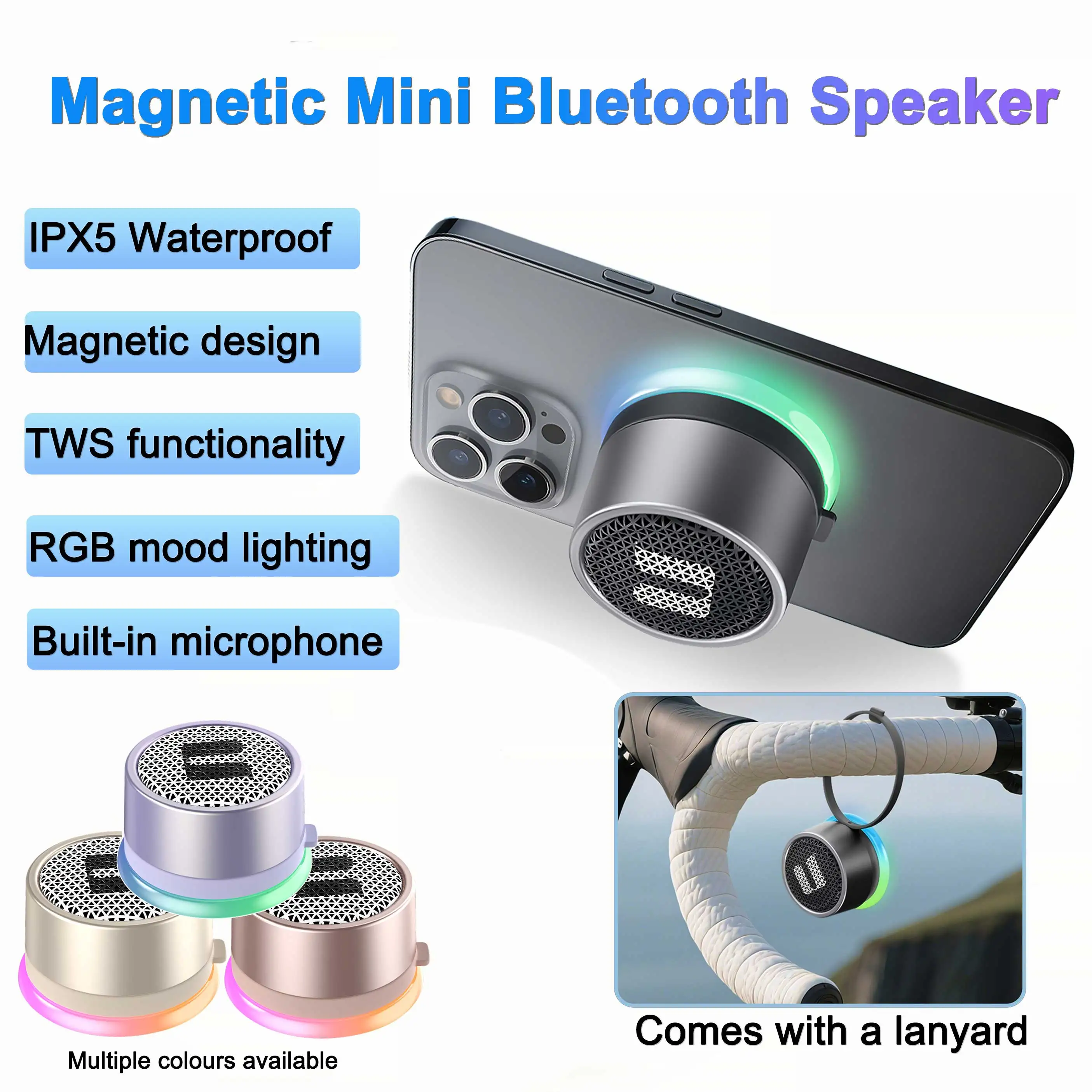 Diffusore Bluetooth Mini Magnetico, Altoparlante Wireless Portatile da Esterno, Altoparlanti Impermeabili IPX5, Microfono Integrato per Chiamate/Musica HD, Cubo Sonoro TWS con Illuminazione RGB,