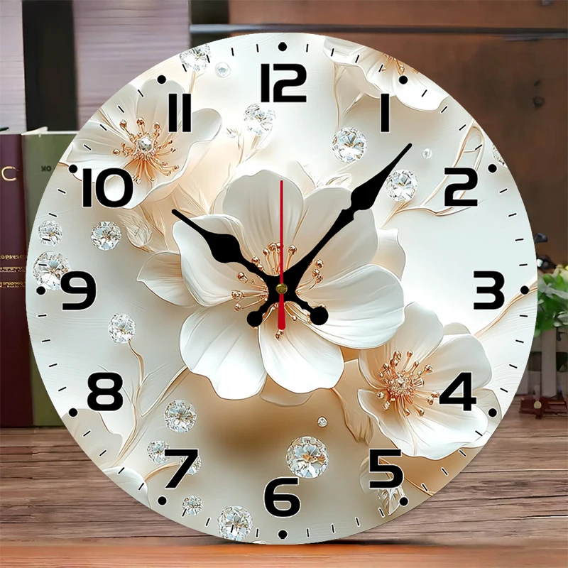 Runde, geräuschlose hängende Wanduhr aus Holz mit Diamanten und Blumen, geeignet für Wohnzimmer, Büro, Arbeitszimmer, Schlafzimmer, Heimdekoration Image