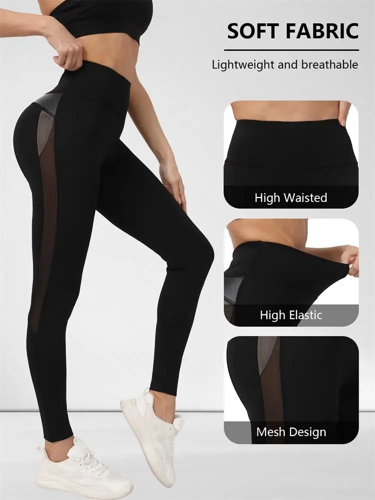 Lässige, hüfthebende, gespleißte Sport-Outdoor-Leggings aus Mesh mit hoher Taille, Damen-Yogahosen Image