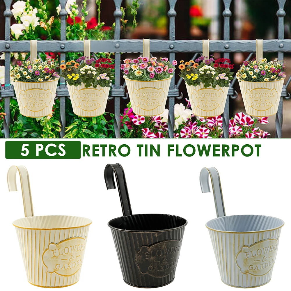 5-teiliger hängender Blumentopf aus Metall für den Außenbereich, runder Zaun, hängender Pflanztopf mit Entwässerungsloch und abnehmbarem Haken, Gartendekoration Image