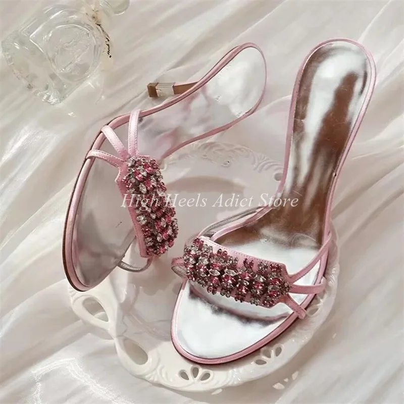 Rosa Kristall Schnalle Leder 7cm Hausschuhe Damen Diamant Offene Spitze High Heels Sommer Vintage Pantoletten Luxus Designer Party Schuhe