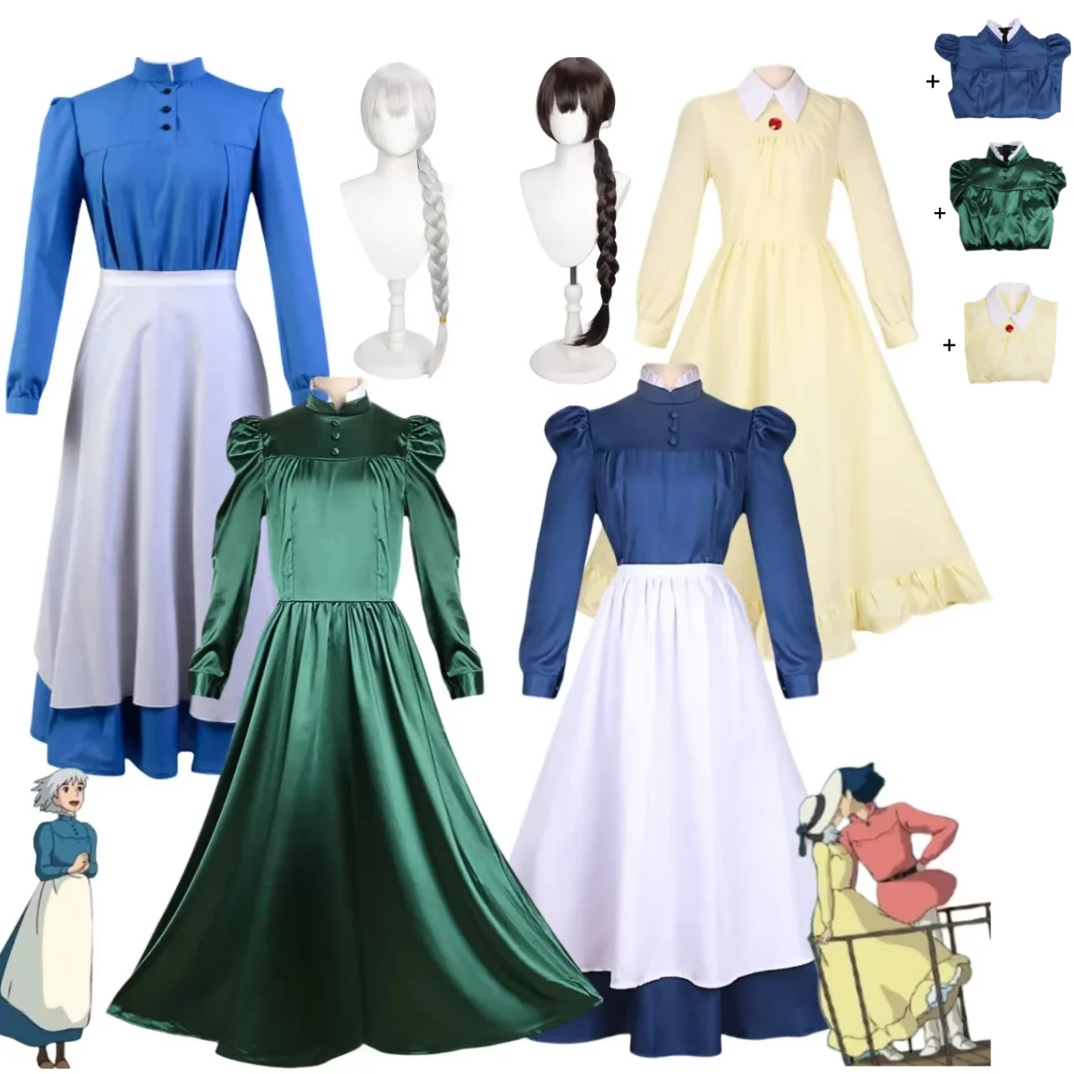 Japanische Anime Film Howl Sophie Cosplay Kostüm Blau Gelb Grün Maid Kleid Schürze Perücke Frau Nette Halloween Karneval Anzug