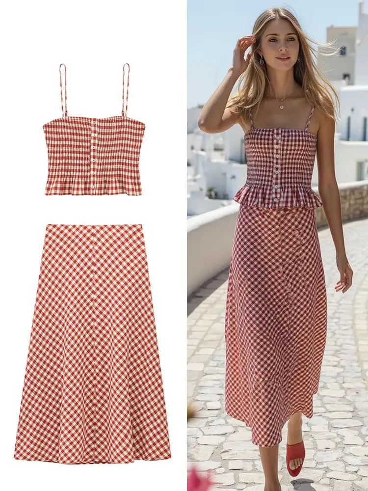 HH Frauen Mode Plaid Top Röcke Sets Liebsten Tops Camis Elegante Seite Zipper Midi Rock Sommer Y2K Casual Weibliche Kleidung Image