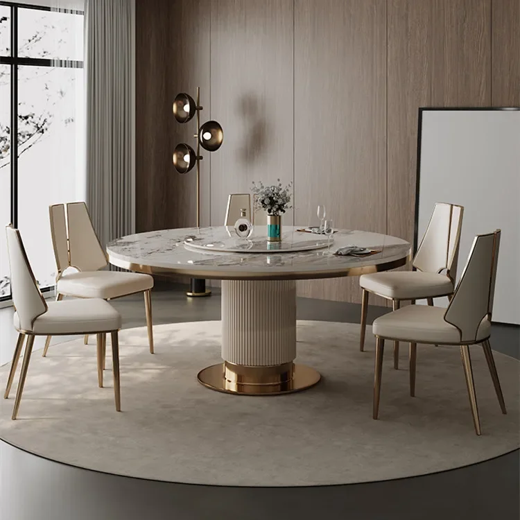 Heiße Fabrik, luxuriöses Esszimmer-Set aus weißem und goldenem Marmor, moderne italienische Esszimmermöbel, rundes Esszimmer-Set mit 4 Stühlen Image