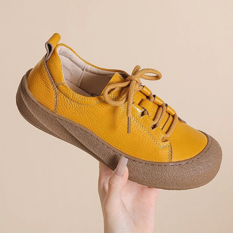 Frühling Herbst Echtes Leder Schuhe Frauen Flache Freizeitschuhe Kuh Leder Marke Schuhe Schwarz Gelb Komfortable Große Größe 41 DX597