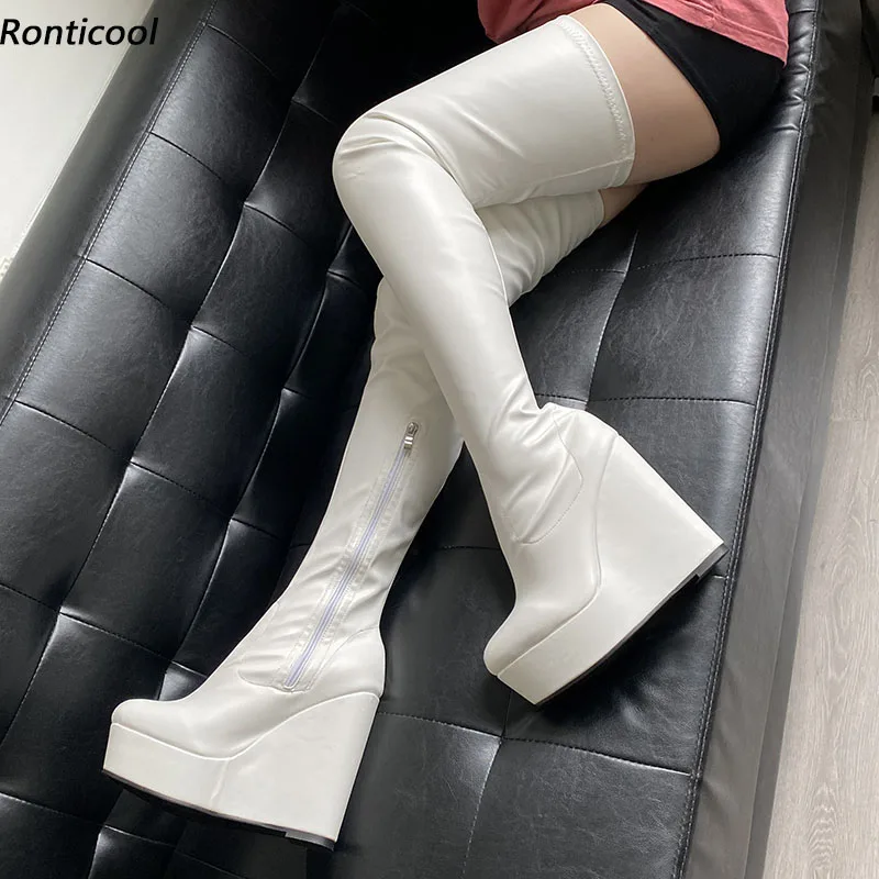 Ronticool Damen-Frühlings-Plateau-Oberschenkelstiefel, flexibler seitlicher Reißverschluss, Keilabsatz, runde Zehen, elegante schwarze Club-Schuhe, US-Größe 5–20