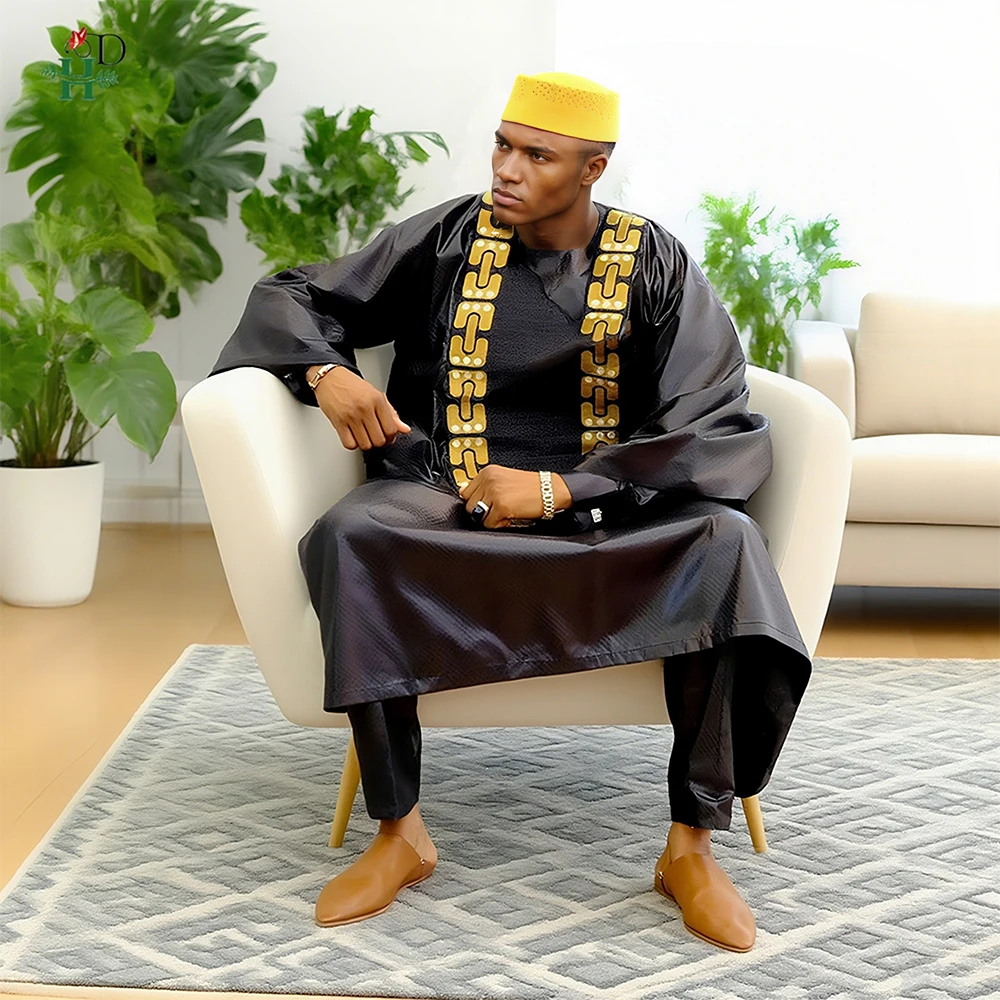 H&D Afrikanische Kleidung Stickerei Bazin Riche Kleid für Männer Elegante Party Hochzeit Thobe 3-teiliges Oberteil und Hose Schwarzes Anzugset Alltagskleidung