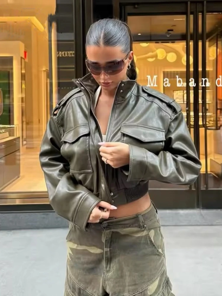 Winter Neue Armee grün Faux Leder Jacken Für Frauen Casual Stehkragen Tasche Lose Jacke Weibliche Vintage Kurzen Mantel Outwear