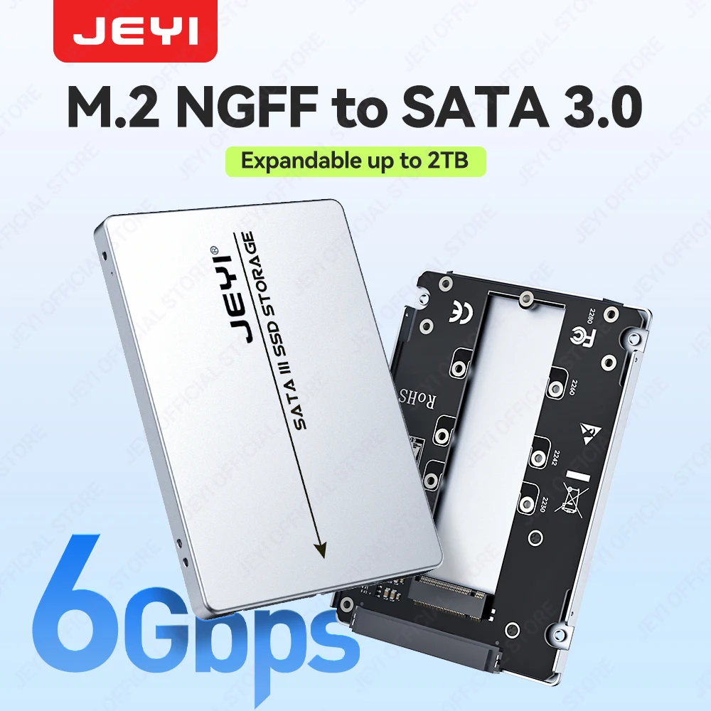 JEYI (6 Gbit/s) M.2 NGFF zu SATA 3.0 Festplattengehäuse High Speed unterstützt bis zu 2 TB tragbare mobile unterstützt 2230/42/60/80 SSD Image