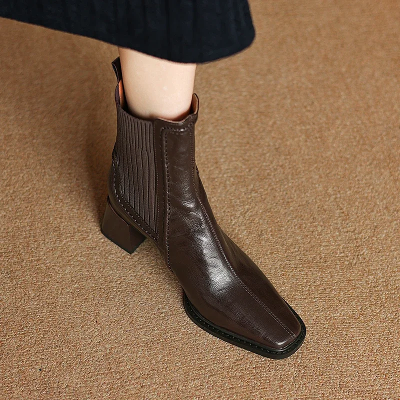 2023 herbst Frauen Stiefel Karree Chunky Ferse Stiefel Schaffell Leder Frauen Schuhe Mid-kalb Chelsea Stiefel Winter Damen schuhe