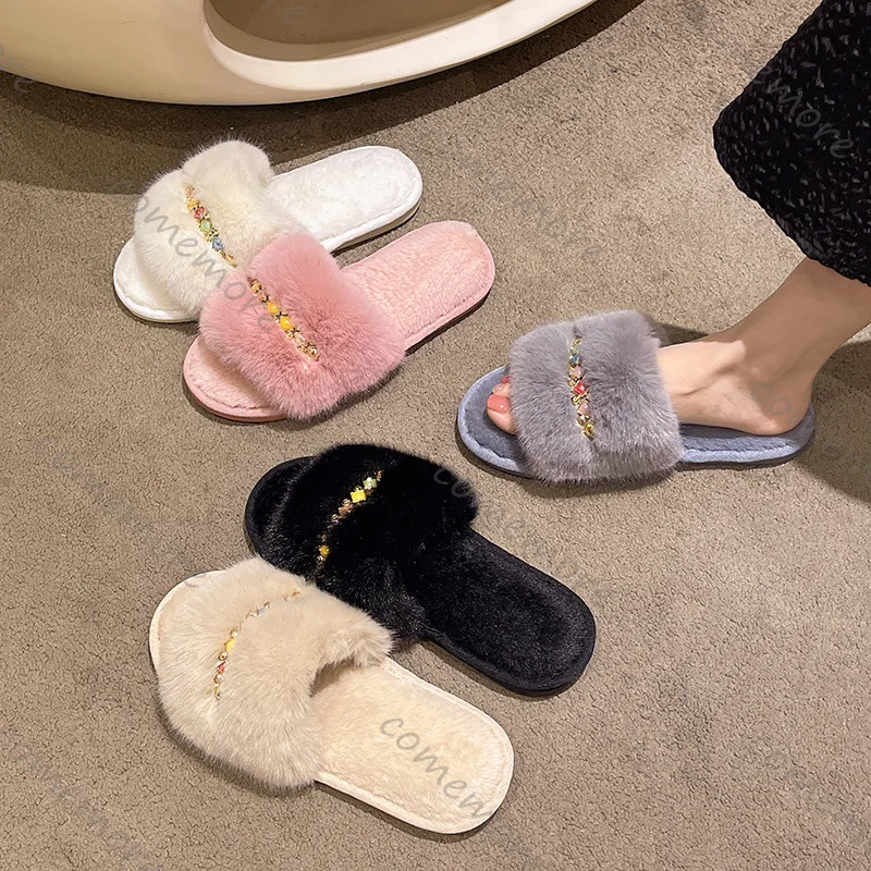 Comemore Plüsch Hausschuhe Frauen Weiche Schwarz Faux Pelz Haus Baumwolle Rutschen Frau Indoor Casual Flache Ferse Fell Hausschuhe Frauen Schuhe