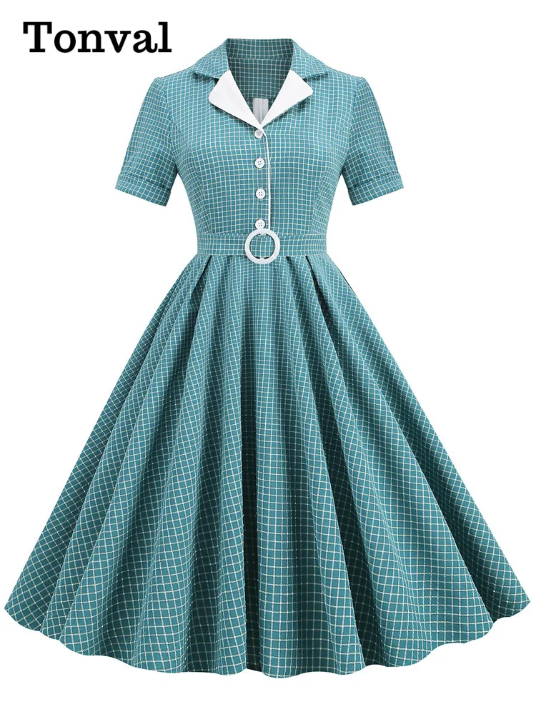 Tonval Kerb Kragen Tasten Belted Vintage Plaid Midi Kleider Elegant für Frauen Kurzarm 50s Robe Türkis Schaukel Kleid