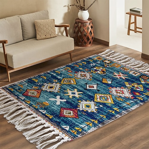 Teppiche Geometrischer Gewebte Teppich für Wohnzimmer und Schlafzimmer Minimalistisches Muster Staubabweisender Teppich Weich Rutschfest Maschinenwaschbar Teppich Ethnischer Stil Dekorative Fußmatte Image