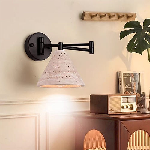 schwarze Schwingarm-Wandlampe, Vintage-Leuchten aus gelbem Travertin, Lampenschirm aus Naturstein, für Arbeitszimmer-/Wohnzimmer-/Schlafzimmerbeleuchtung Image