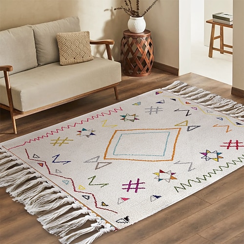 Gewebter Quastenteppich für Wohnzimmer und Schlafzimmer weiche langlebige rutschfeste maschinenwaschbare Fußmatte tragbare Blumenmuster Outdoor Picknick Campingmatte Heim Garten Stranddeko Image