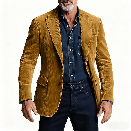 Herren Blazer Blazer aus Cord Geschäft Cocktailparty Hochzeitsfeier Mode Lässig Frühling Herbst Polyester Einfach Tasche Knöpfe Bequem Einreihig Blazer Dunkelgrau Schwarz Gelb Blau Image
