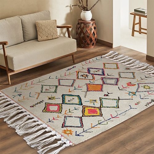 Gewebter Quastenteppich für Wohnzimmer und Schlafzimmer weiche langlebige rutschfeste maschinenwaschbare Fußmatte tragbare Blumenmuster Outdoor Picknick Campingmatte Heim Garten Stranddeko Image