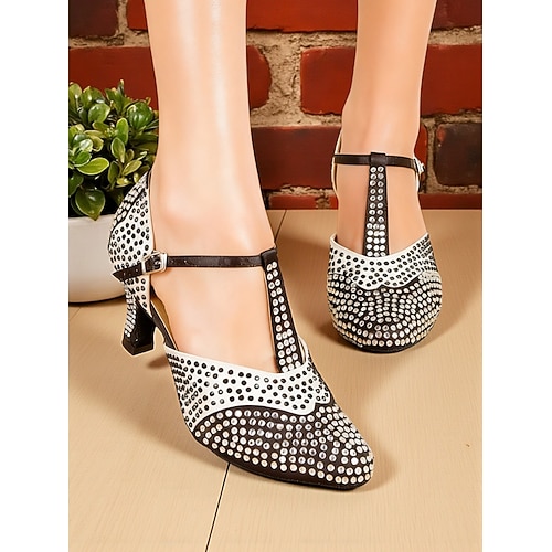 schwarz-weiße, strassbesetzte T-Riemen-Pumps für Damen – Vintage-inspiriert für Gatsby Ballsaalpartys, elegante und stilvolle Tanzschuhe für Damen Image