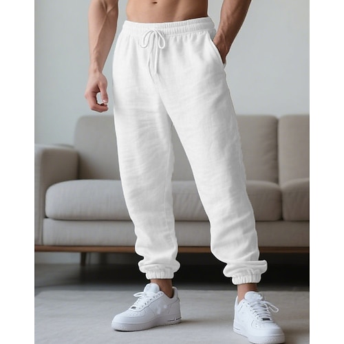 Herren Leinenhosen Hose Sommerhose Strandhose Kordelzug Tasche Elastischer Bund Einfach Komfort Atmungsaktiv Urlaub Täglich Ferien Hawaiianisch Boho Schwarz Weiß Image