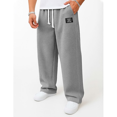 Herren Waffel Jogginghose Hose Baggy-Hosen Jogginghose mit offenem Saum Kordelzug Einfarbig Komfort Volle Länge Outdoor Täglich Streetwear Mode Klassicher Stil Schwarz Marineblau Unelastisch Image