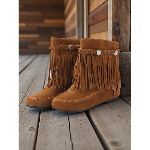 Damen-Mokassinstiefel im Bohème-Stil mit Fransen, flache Knöchelschuhe aus weichem Wildleder mit Retro-Details für lässige Outfits und den Alltag Image