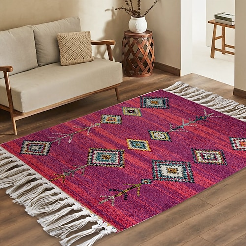 Teppiche Geometrischer Gewebte Teppich für Wohnzimmer und Schlafzimmer Minimalistisches Muster Staubabweisender Teppich Weich Rutschfest Maschinenwaschbar Teppich Ethnischer Stil Dekorative Fußmatte Image