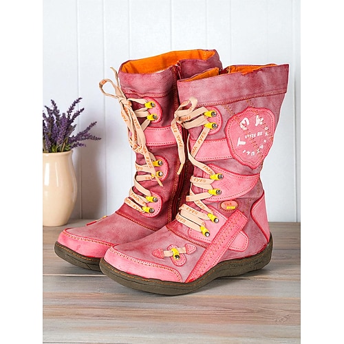 Rote, wadenhohe Kampfstiefel für Damen mit Schnürung und Fleecefutter, bequeme, handgefertigte Stiefel im Vintage-Farmhouse-Stil für lässige Outfits und Winterkleidung im Freien Image