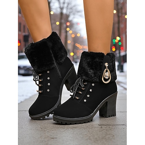 Braune Damenstiefeletten aus Kunstleder mit Fellbündchen und klobigem Blockabsatz – warme Winter-Schnürstiefeletten mit Strass-Detail für Damen, perfekt für Outdoor, Freizeit und Urlaub Image