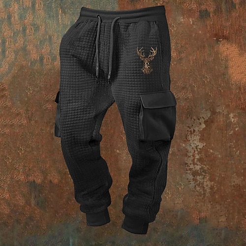 Herren Jogginghose Hose Waffelhose Kordelzug Tasche Elastischer Bund Hirsch Komfort Sport im Freien Täglich Mode Lässig Schwarz Weiß Mikroelastisch Image