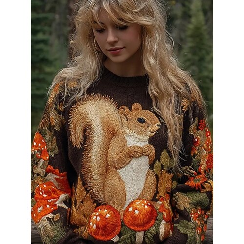 Damen Pullover Mode Lässig Grafik Tiermotiv Rundhalsausschnitt Gestrickt Langarm Normale Oberteile Stricken Arbeit Täglich Weiß Blau Herbst Winter