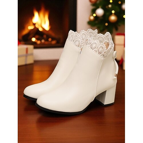 Schwarze Damen-Stiefeletten aus Kunstleder mit Perlenanhänger und Blockabsatz – elegante Winter-Kurzstiefeletten für Damen, perfekt für Büro, Streetwear und Alltagsoutfits Image