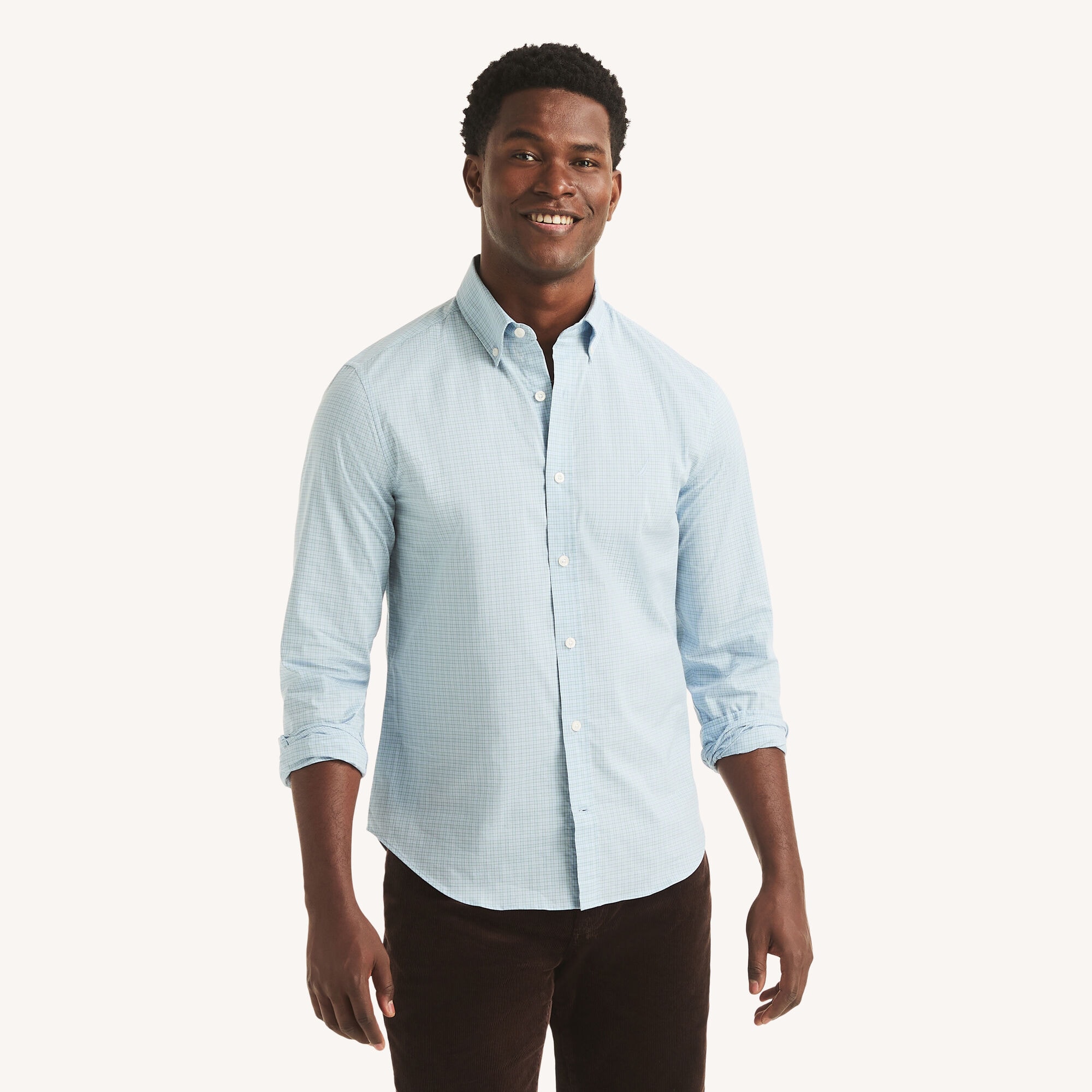 Nautica Men's Slim Fit Wrinkle-Resistant Plaid Shirt 414 (Crystal Bay Blue), L