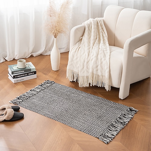 Minimalistischer Baumwollgewebter Fransenbereichsteppich für Wohnzimmer und Schlafzimmer weiche rutschfeste maschinenwaschbare Fußmatte hochwertige Polyester-Mischung Sofakissen Eingangsbereichsmatte Image
