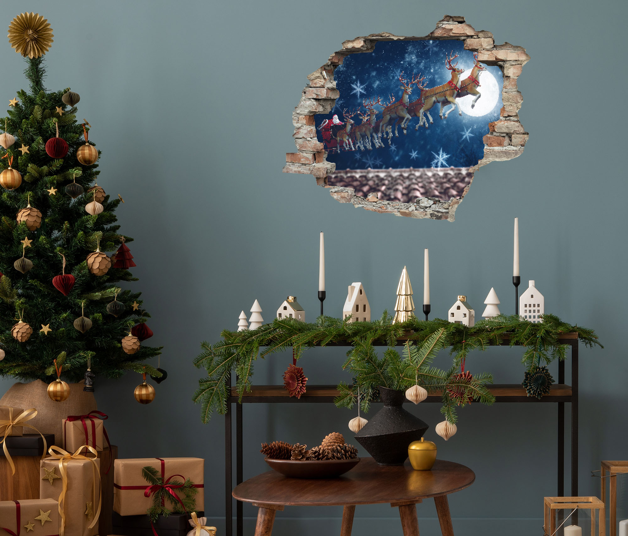 3D-Wandtattoo QUEENCE "Rehntiere am Himmel", blau, B:60cm H:50cm T:0,3cm, Vinyl, Wandtattoos, selbstklebender Wandsticker Weihnachten Image