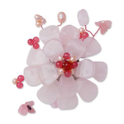 'Apple Blossom' - Floral Multigem Rose Quartz Brooch Pin