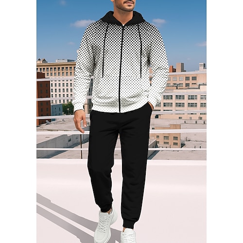 Natale Per uomo Felpa con cappuccio Tuta da Ginnastica Felpa con cappuccio con zip Coulisse Tasche Geometrico Pantaloni Felpa con Cappuccio Felpa Autunno Nero con Bianco Spandex Allenamento in