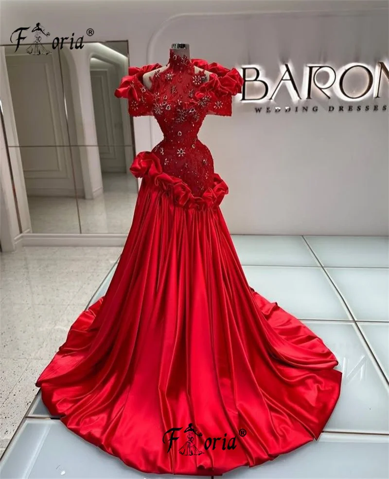 Modest Red Crystal Perlen Meerjungfrau Brautkleider Dubai Frau Wrap Rüschen Lange Brautkleid Falten Angepasst Robe De Mariee Image
