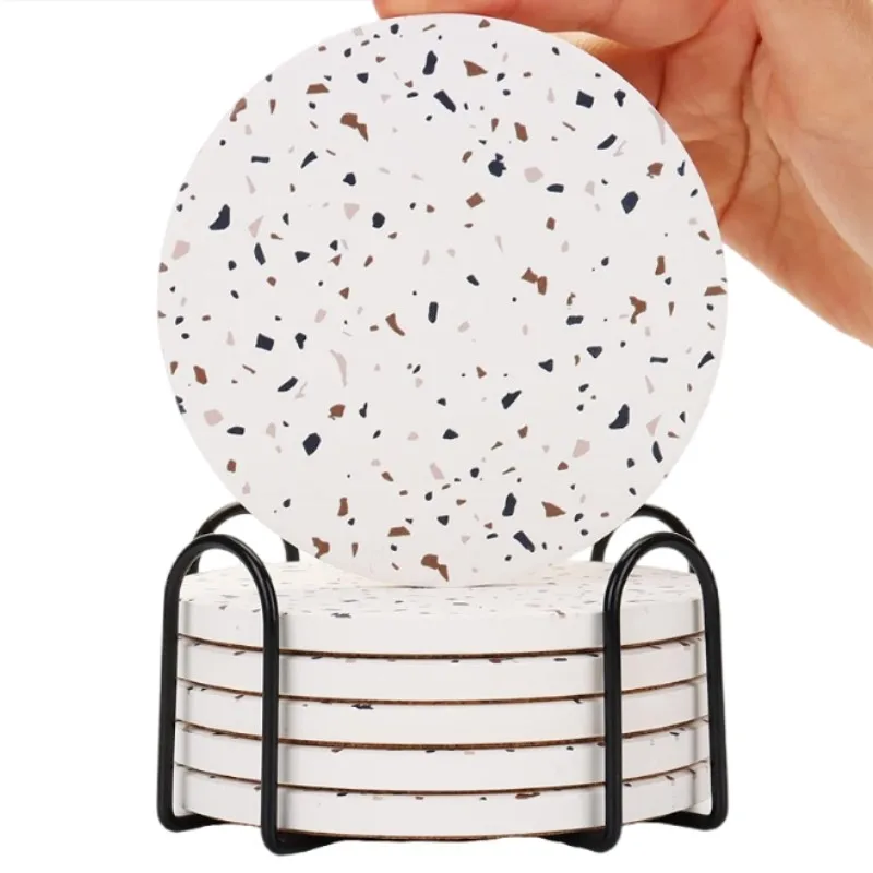 Set mit 1/4/6 Untersetzern mit Terrazzo-Muster für Getränke, Couchtisch, Keramikstein, moderne Bar-Werkzeuge für Getränke, Becher, runde Geschenkmatten
