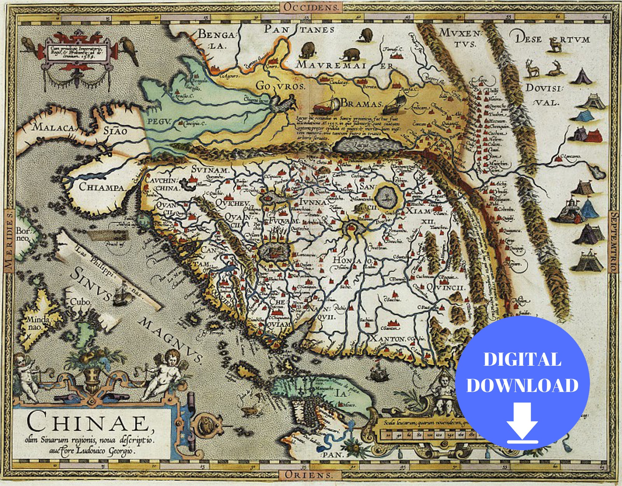 Mappa della Cina, Mappa artistica della Cina, Poster della Cina, Mappa del mondo antico, Mappa digitale del mondo antico, Mappa del mondo vintage, Map