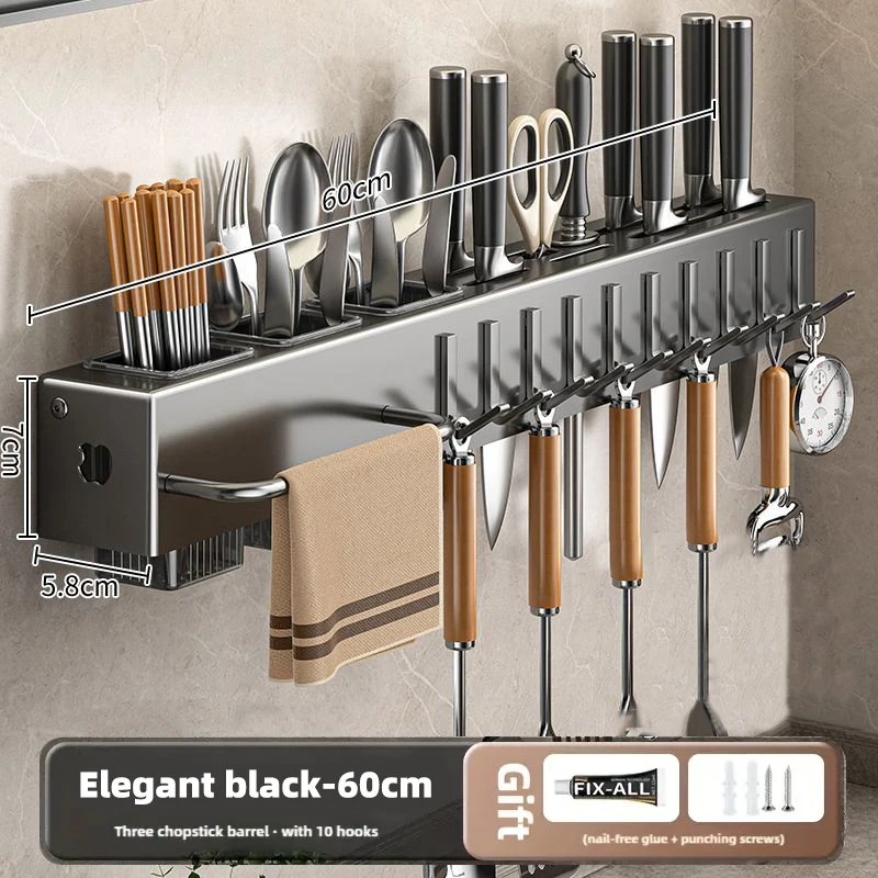 Wall Mounted Kitchen Knife Pot Cover Storage Rack Metal Kitchen Shelf Skeletonized Drainage Easy To Clean Chopstick Organizer