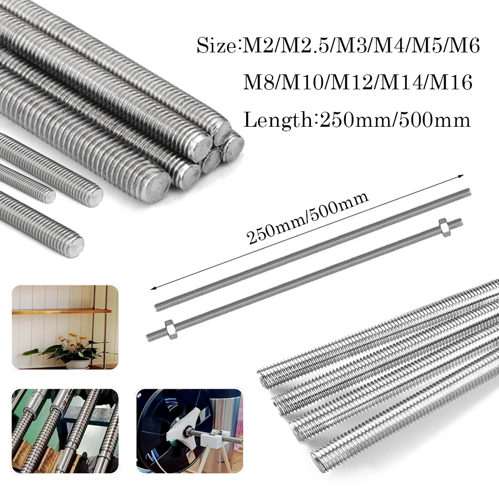 1 Stück M2 -M12 M14 M16 M18 M20 304 Edelstahl Vollgewindestange Bolzenlänge 250 mm-500 mm metrische kopflose Gewindestangen Image