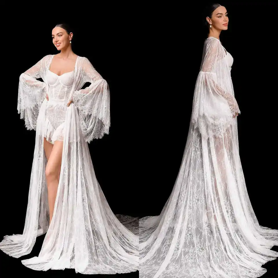 Elegante Damen-Pyjamas, Applikationen, Spitzenroben, Brautjungfern-Brautroben, Hochzeit, lange Robe, Bademantel, Übergröße, individuell Image