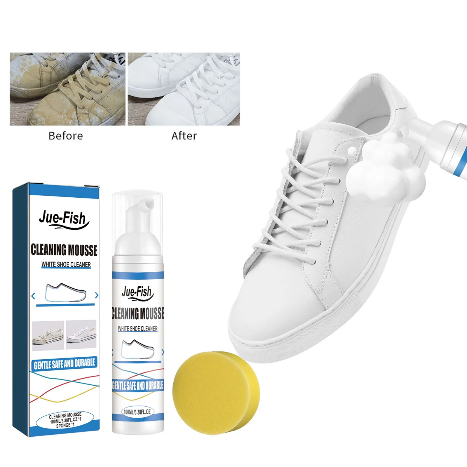 100 ml weißer Schaumreiniger für weiße Schuhe – gelber Flecken- und Schmutzentferner, Reinigungslösung für Turnschuhe, Stiefel und weiße Schuhe Image